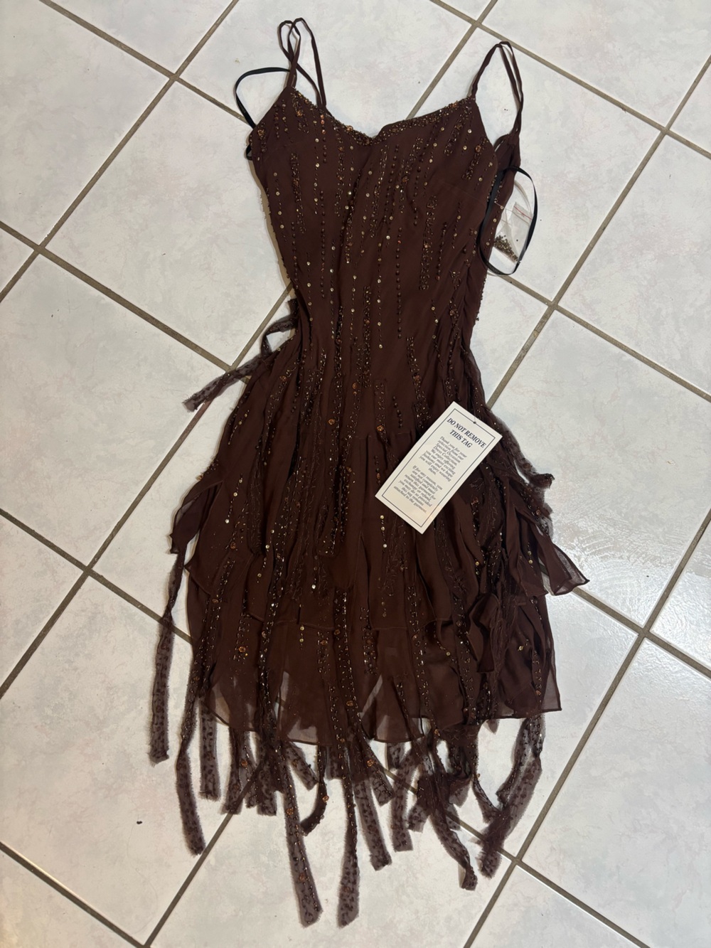 Brown Beaded Mini Dress with Fringe Straps